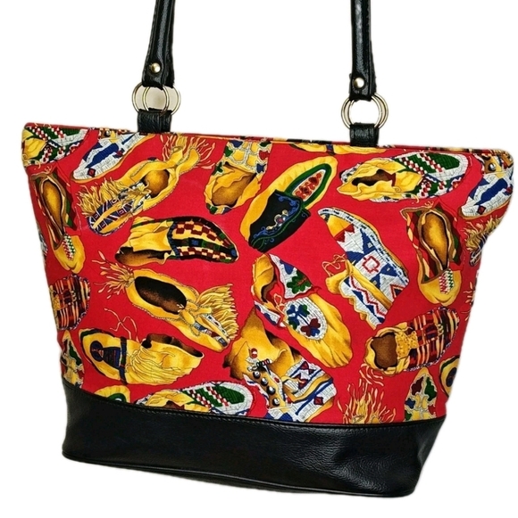 Southwestern Moccasin Red Tote Weekender Bag Western Tribal Black Leather Travel